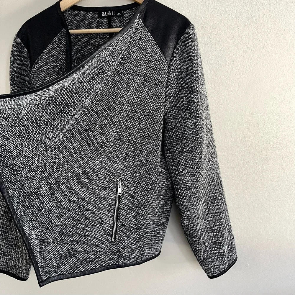 a.n.a. Boucle Tweed Faux Leather Open Front Cropped Jacket Black and Gray - 2X